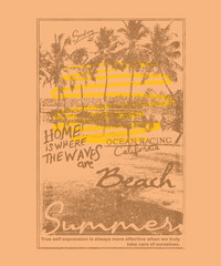 vintage retro palm tree, summer tropical beach graphic, nature of sea, beach, palm tree, sunset, mixed hand drawn text prints and slogan, use this art for t-shirt, sweatshirt