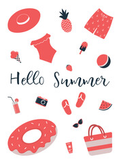 Red beach accessories isolated on white. Swimsuit, swimming trunks, hat, sunglasses, flip flops, sunscreen, camera, donut swimming ring, watermelon. Things for summer vacation. Hello Summer Vector