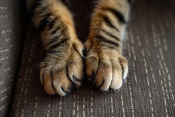 Tabby cat paws on backrest closeup, cat paw closeup, cat paw-like tiger, pet paw closeup, cat leg...
