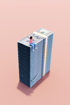 Person sitting on dollars money. success / growth /salary /savings