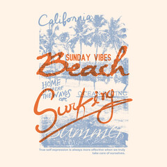 Vintage summer beach print design, vector palm tree with beach art, surfing summer beach California , enjoyed graphic beach design, tropical vintage t shirt surf