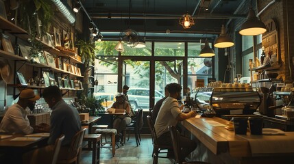 The image is a warm and inviting coffee shop. The space is decorated with exposed brick walls, wooden beams, and vintage light fixtures.