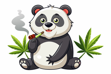 Craft a humorous cartoon illustration depicting a panda smoking a cannabis cigarette against a pristine white background.