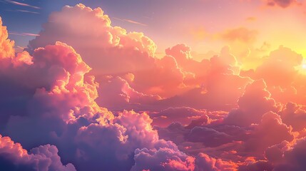 A beautiful sunset over the clouds. The warm colors of the sky and the soft light of the sun create a peaceful and serene scene.