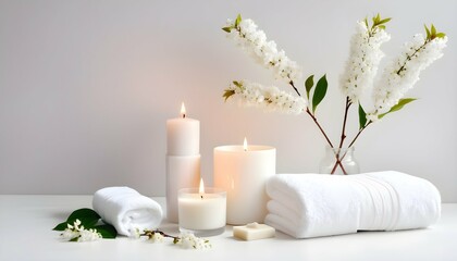 Fototapeta na wymiar Beauty treatments concept. Home beauty essentials and home self care concept. Flowering branches of bird cherry on white baground. White candle, soap, cream, towels. Copy space. Flat lay.