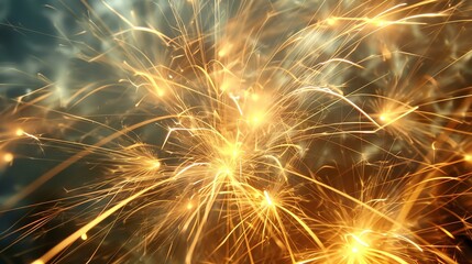 Glowing orange and yellow sparks fly in all directions against a dark background.