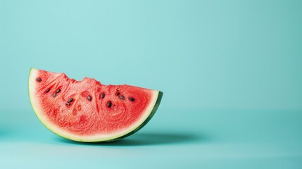 A slice of watermelon on a blue background. The watermelon is ripe and juicy, with a sweet, refreshing flavor.