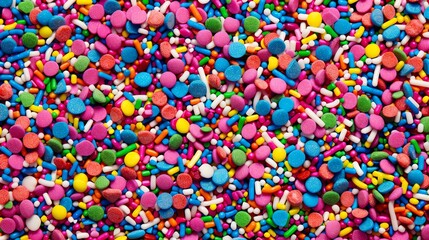 Colorful sprinkles background. Sweet food topping. Bright and vibrant colors. Pink, blue, yellow, and green. Perfect for a party or celebration.