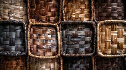 A variety of handmade woven baskets with intricate patterns and textures, perfect for storing and organizing items in a rustic or bohemian-themed home