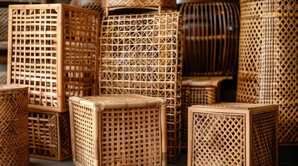 A variety of handmade wicker baskets in different shapes and sizes. The baskets are made of natural materials and have a warm, rustic look.