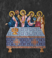 Christian traditional image of teh Holy Communion. Religious illustration on black stone wall background in Byzantine style