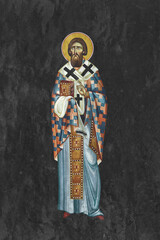 Christian traditional image of Saint Sava Serbian. Religious illustration on black stone wall background in Byzantine style