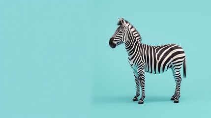 A beautiful zebra stands alone in the middle of a blue background.