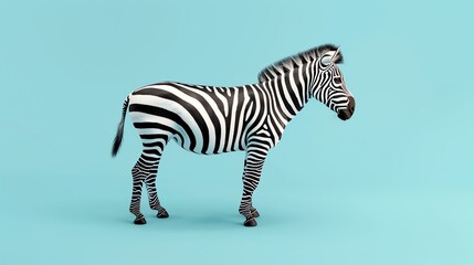 Fototapeta na wymiar A beautiful zebra stands alone in the middle of a blue background.