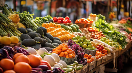 vegetables on market stall, Colorful fruits and vegetables market 