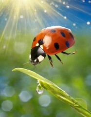 ladybug in the rays of the summer sun in the garden - portrait - close-up