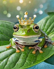 beautiful frog with a crown on his head (or toad) princess, queen, sitting on a green leaf - portrait