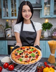 homemade pizza in the kitchen - piping hot, from the hands of the chef