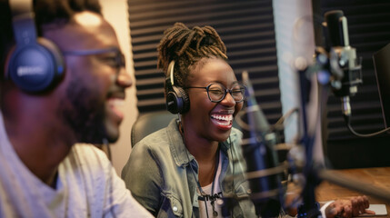 Fototapeta premium Two cheerful person with microphones engaged in a lively podcast recording in a professional studio setup. 
