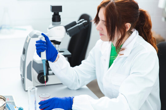 Woman Working With Microscope In Science Laboratory