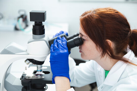 Woman Working With Microscope In Science Laboratory