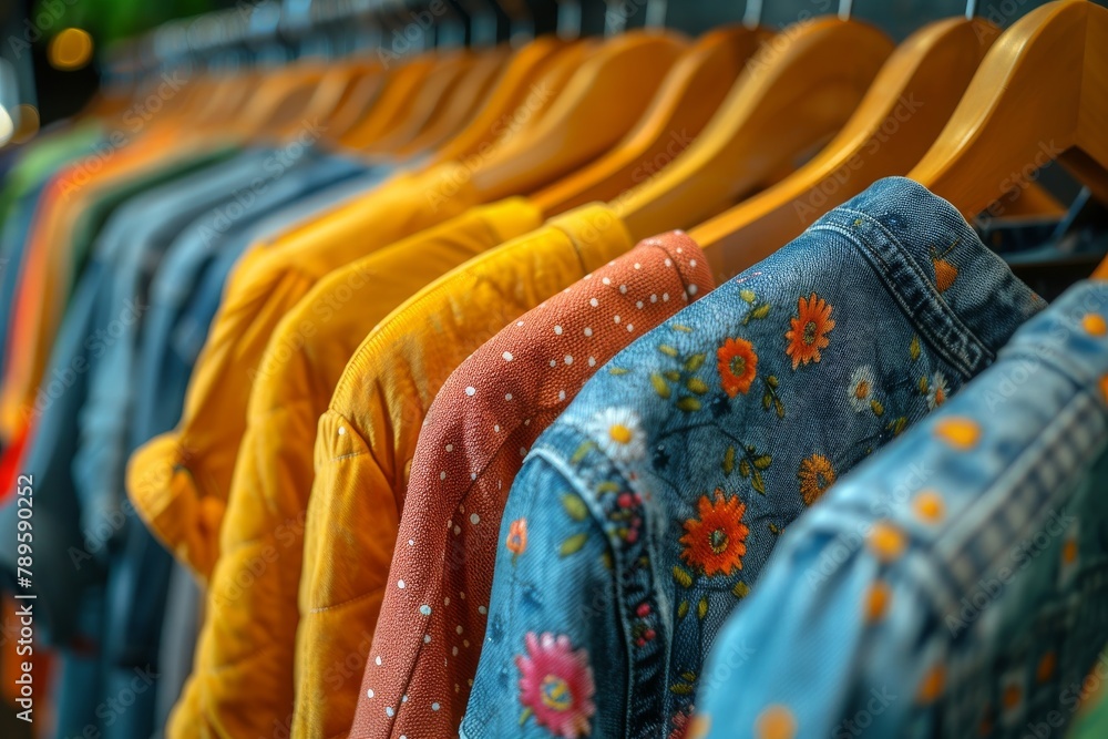 Poster casual yet stylish shirts with floral patterns are neatly displayed in a retail environment, invitin