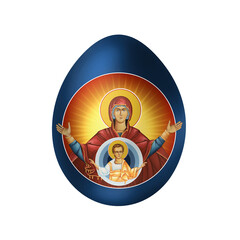 Naklejka premium The Holy Virgin Mary with Jesus Christ. Easter blue egg in Byzantine style. Religious illustration isolated