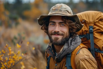 Obraz premium A man with a beanie and a beard smiles brightly as he hikes through an autumnal forest with a large backpack