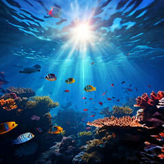 Title: underwater scene with fishes underwater view of coral reef colorful fish water marine sea aquarium color

 - obrazy, fototapety, plakaty