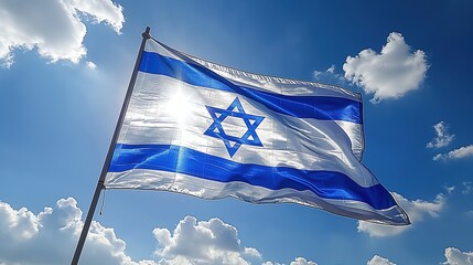 Israel flag fly in wind blow against bright sunny day sky, Generative Ai