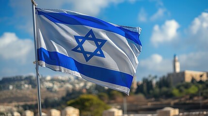Israel flag fly in wind blow against bright sunny day sky, Middle East cityscape, Generative Ai
