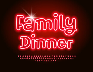 Vector playful logo Family Dinner. Glowing Red Font. Funny Modern Alphabet Letters and Numbers set.