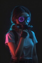 Fototapeta na wymiar A girl with a gas mask. Cyberpunk Teenager Wearing Gas Mask in Abandoned City.