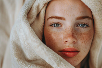 Closeup portrait of a girl in a beige towel with perfect complexion and freckles looking at the camera