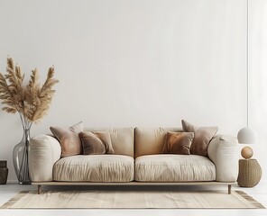 3D rendering of a modern living room interior mockup with a beige sofa and armchair on a white wall background