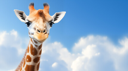 Obraz premium Funny giraffe above white clouds on the sky background