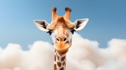 Funny giraffe above white clouds on the sky background - obrazy, fototapety, plakaty