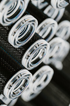 Close-up of Optical fiber cable with black metal