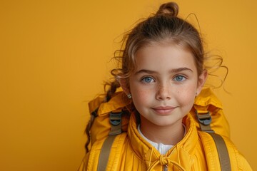 A young girl with vivid blue eyes and freckles in a yellow raincoat against a solid background