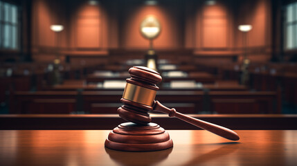 Wooden judges gavel on wooden table. Judges gavel hammer for adjudication