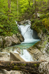 Soča, Bovec, Slovenia. Valley with rapid rivers surrounded by woods. Tibetan wooden bridges. Area for sporting activities such as rafting. Walking and trekking. Amazing turquoise and emerald water.