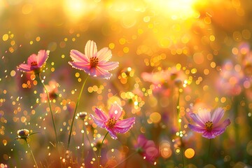 : Dew-kissed flowers glistening in the first rays of a vibrant sunrise.