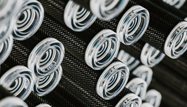 Close-up of Optical fiber cable with black metal