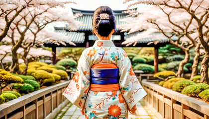 A high-born Asian woman in a festive kimono walks slowly through a blooming Japanese garden