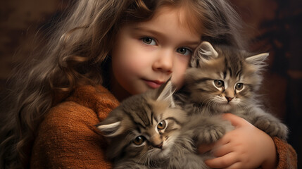 girl with cat, A little girl hugging two kittens in her arms 
