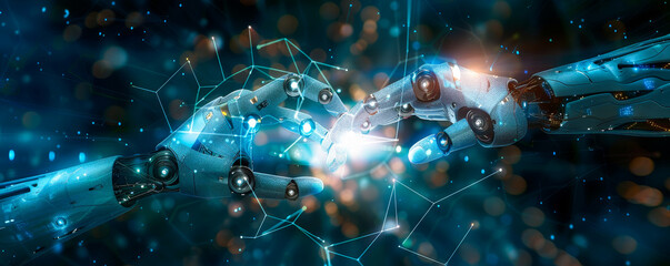 AI Machine Learning: Robot and Human Hands Connecting on Big Data Network - Science, Artificial Intelligence Technology, Innovation, Futuristic