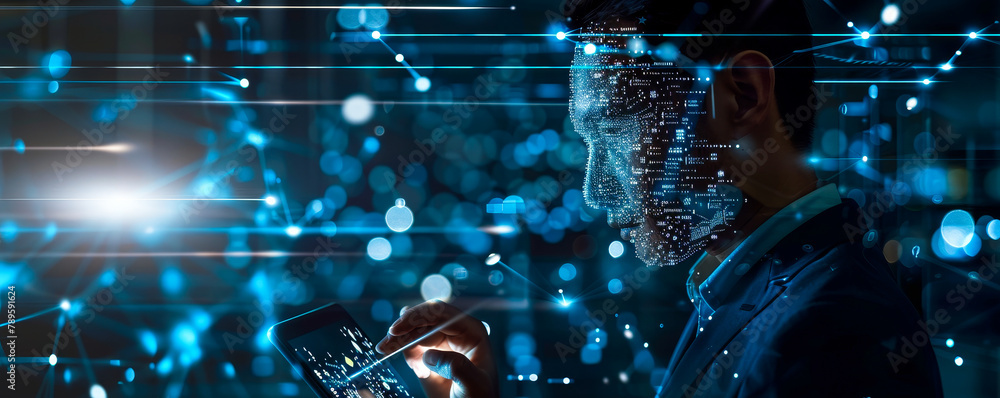 Aufkleber tech ceo explores ai & brain neural networks on tablet for futuristic business strategy: machine lea