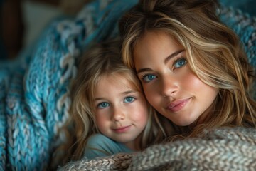 A beautiful young mother and her little daughter cuddle close, wrapped in a cozy knitted blanket