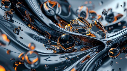 3D rendering of a dark, metallic, liquid-like substance with glowing orange highlights.