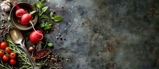 Vintage spoon and vegetables placed on a dark metal background, offering room for text. The image is captured from a top view, showcasing bio healthy food ingredients.